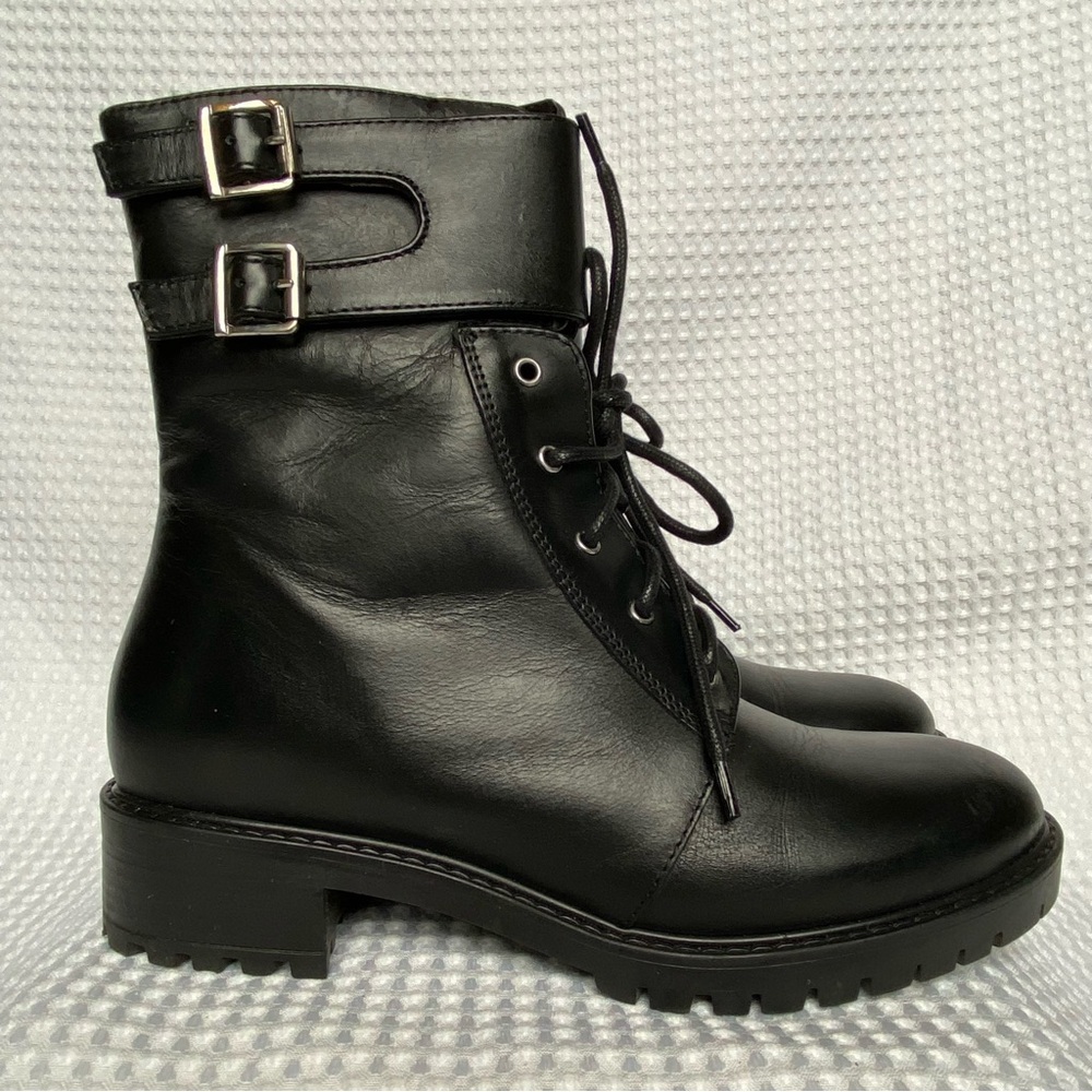 Italian Shoemakers Black Combat Moto Boots with Buckles